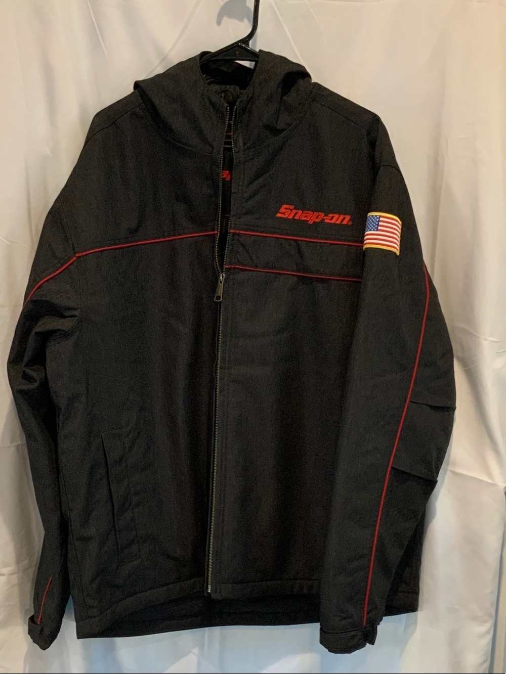 Snap Black Hooded Jacket with Red Trim and American Flag Patch